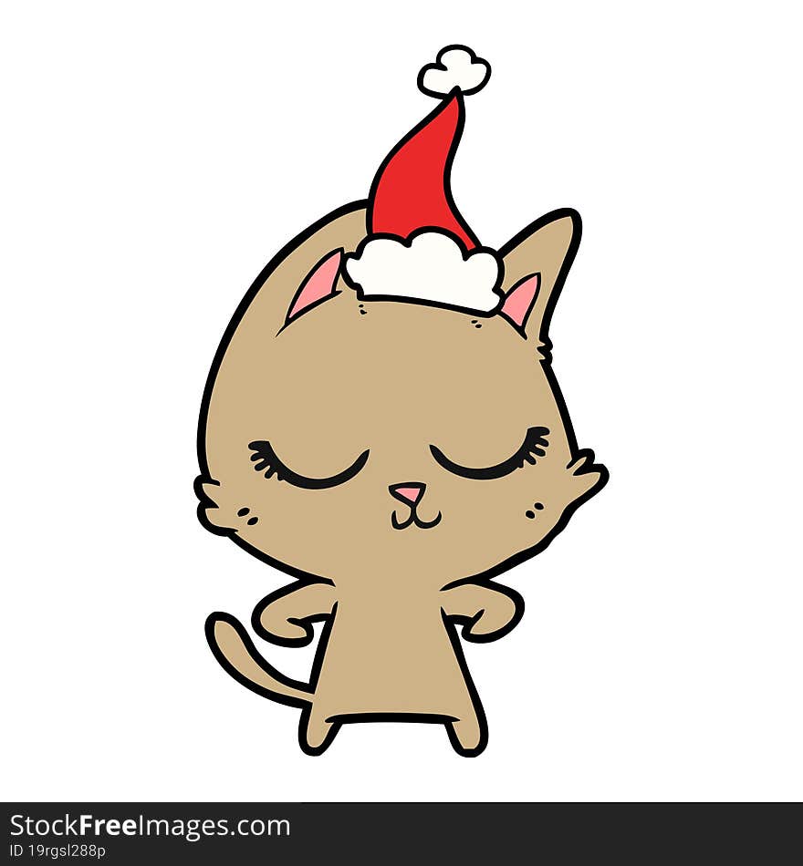 calm line drawing of a cat wearing santa hat