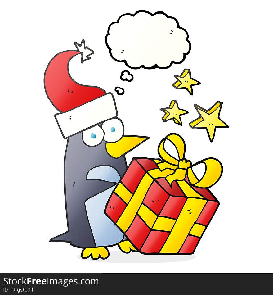 Thought Bubble Cartoon Christmas Penguin With Present