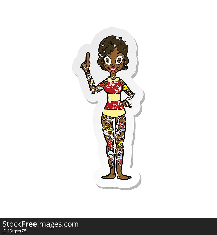 retro distressed sticker of a cartoon woman covered in tattoos