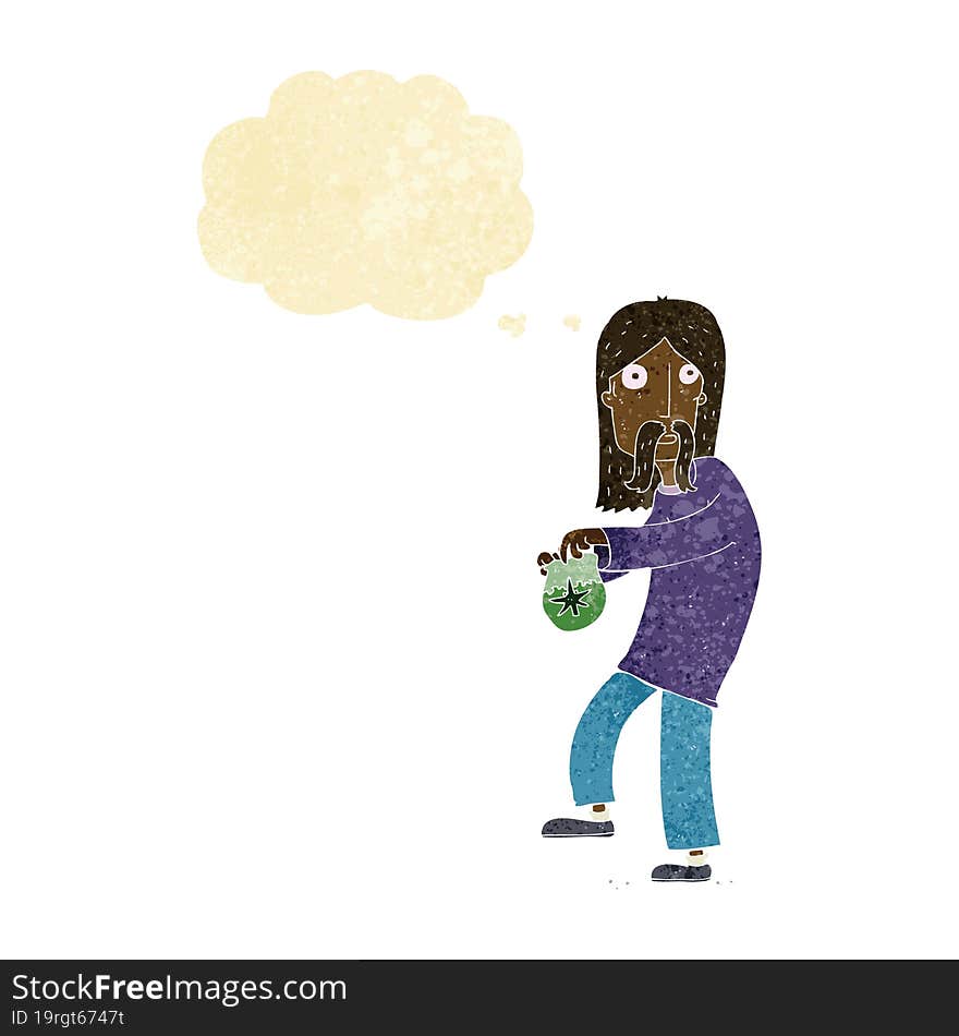 cartoon hippie man with bag of weed with thought bubble