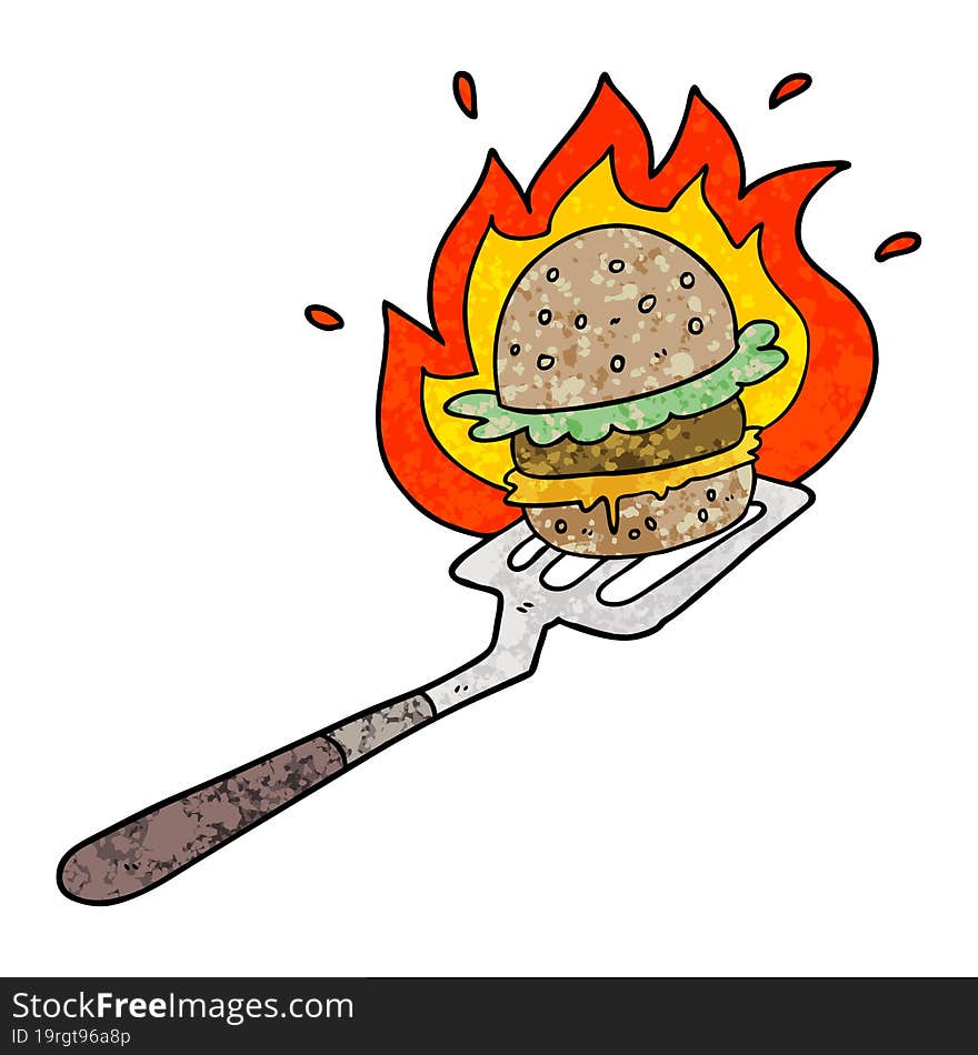 cartoon flaming burger on spatula. cartoon flaming burger on spatula