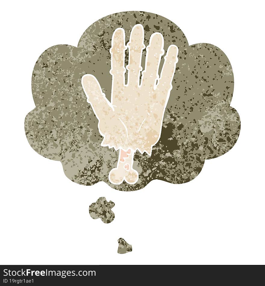 cartoon zombie hand and thought bubble in retro textured style