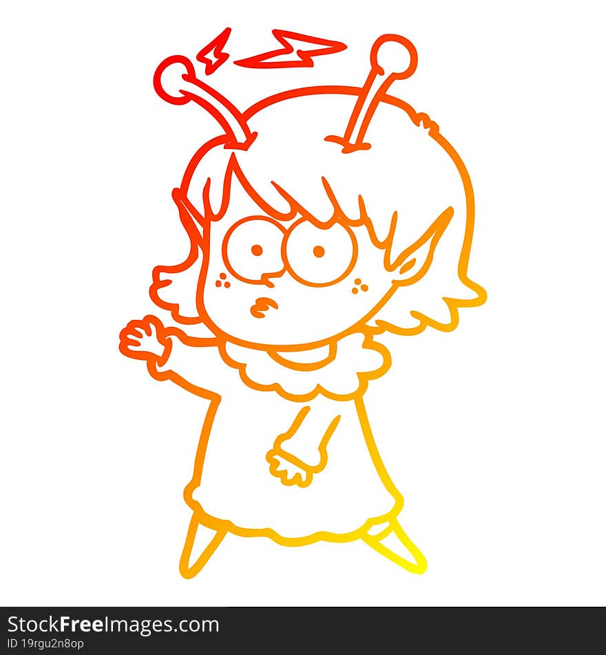 warm gradient line drawing of a cartoon alien girl