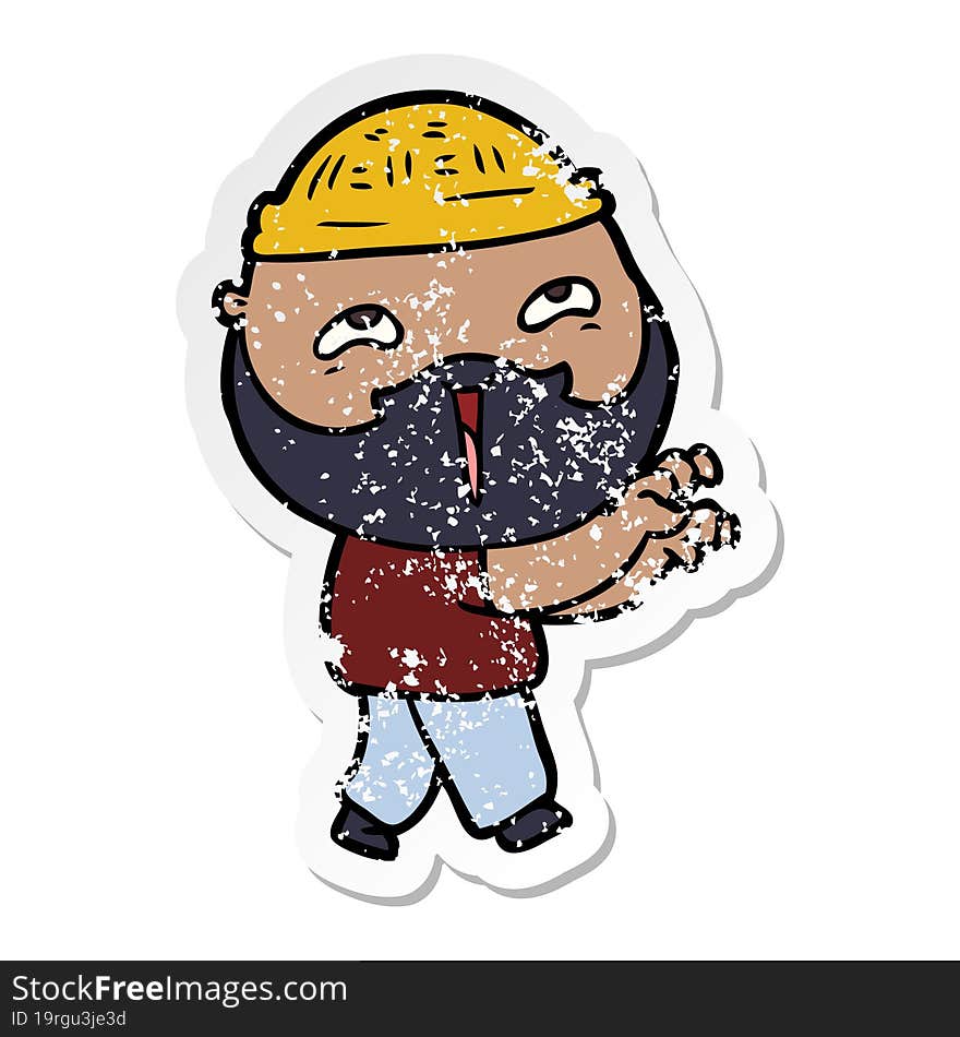 distressed sticker of a cartoon happy bearded man