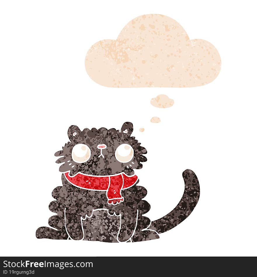 cartoon cat with thought bubble in grunge distressed retro textured style. cartoon cat with thought bubble in grunge distressed retro textured style