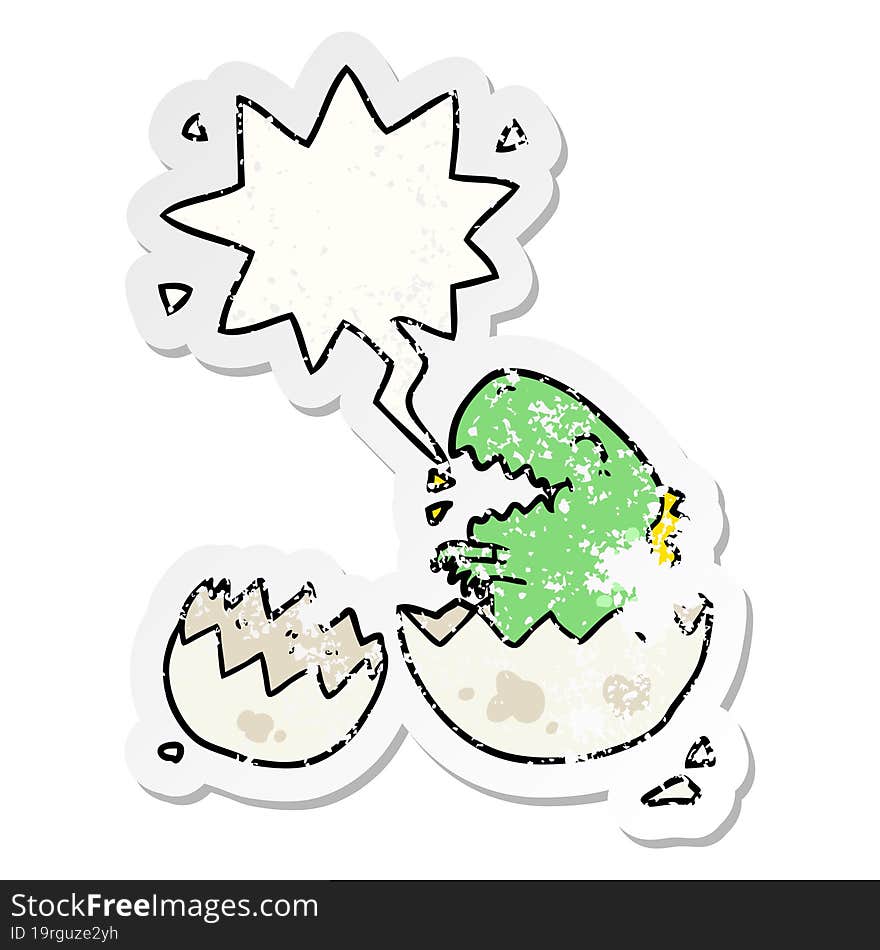 cartoon dinosaur hatching from egg with speech bubble distressed distressed old sticker. cartoon dinosaur hatching from egg with speech bubble distressed distressed old sticker