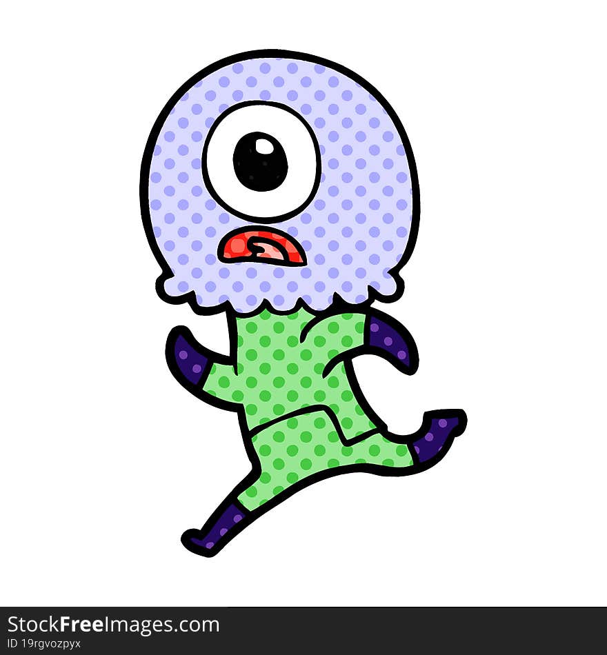 cartoon cyclops alien spaceman running. cartoon cyclops alien spaceman running