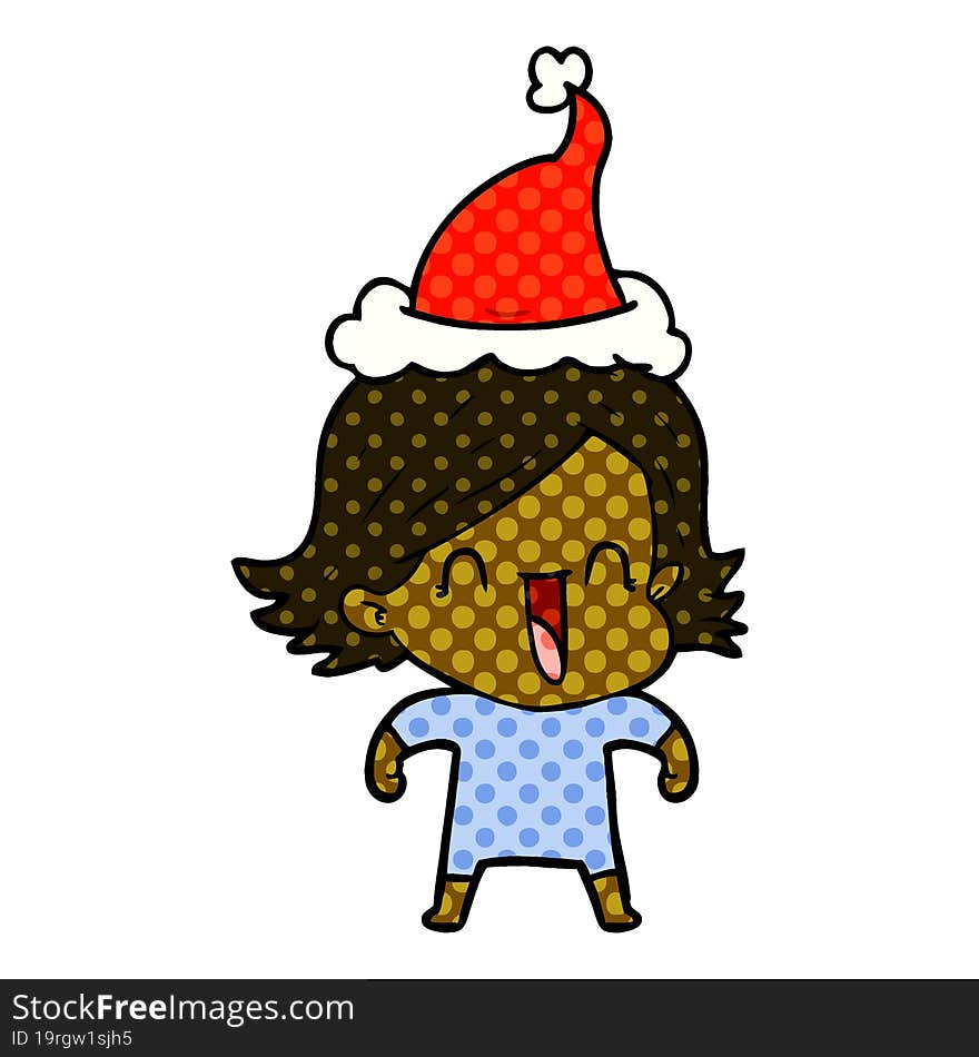 comic book style illustration of a happy woman wearing santa hat