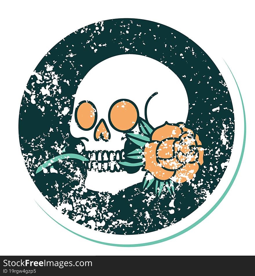 Distressed Sticker Tattoo Style Icon Of A Skull And Rose