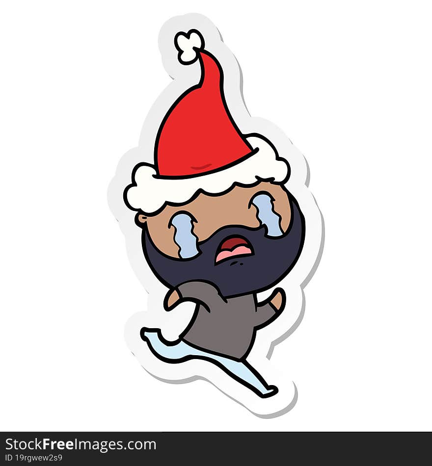 hand drawn sticker cartoon of a bearded man crying wearing santa hat