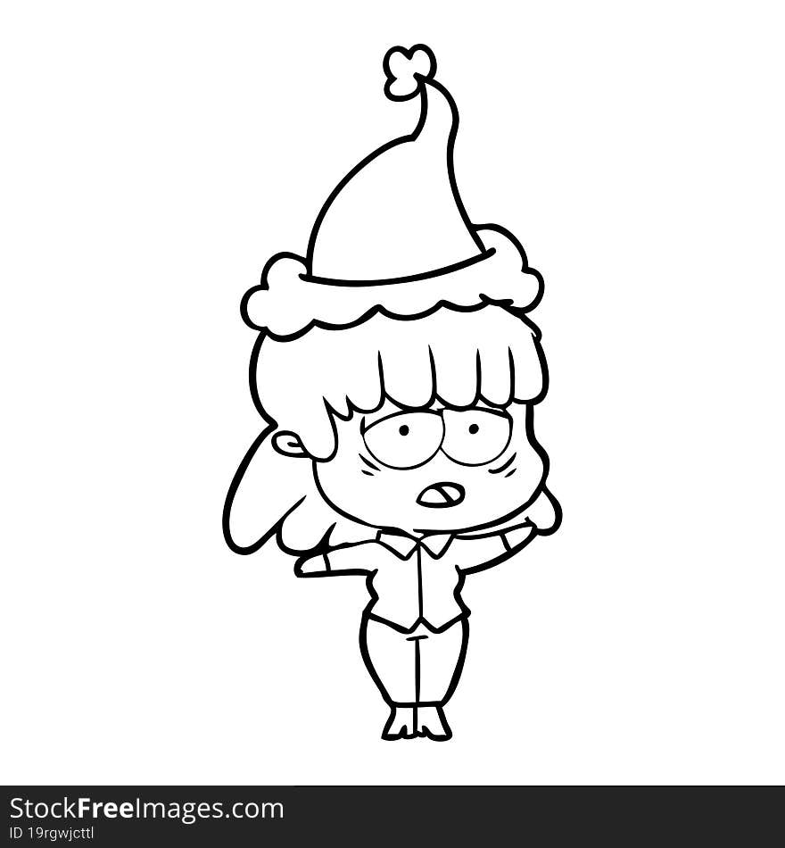 line drawing of a tired woman wearing santa hat