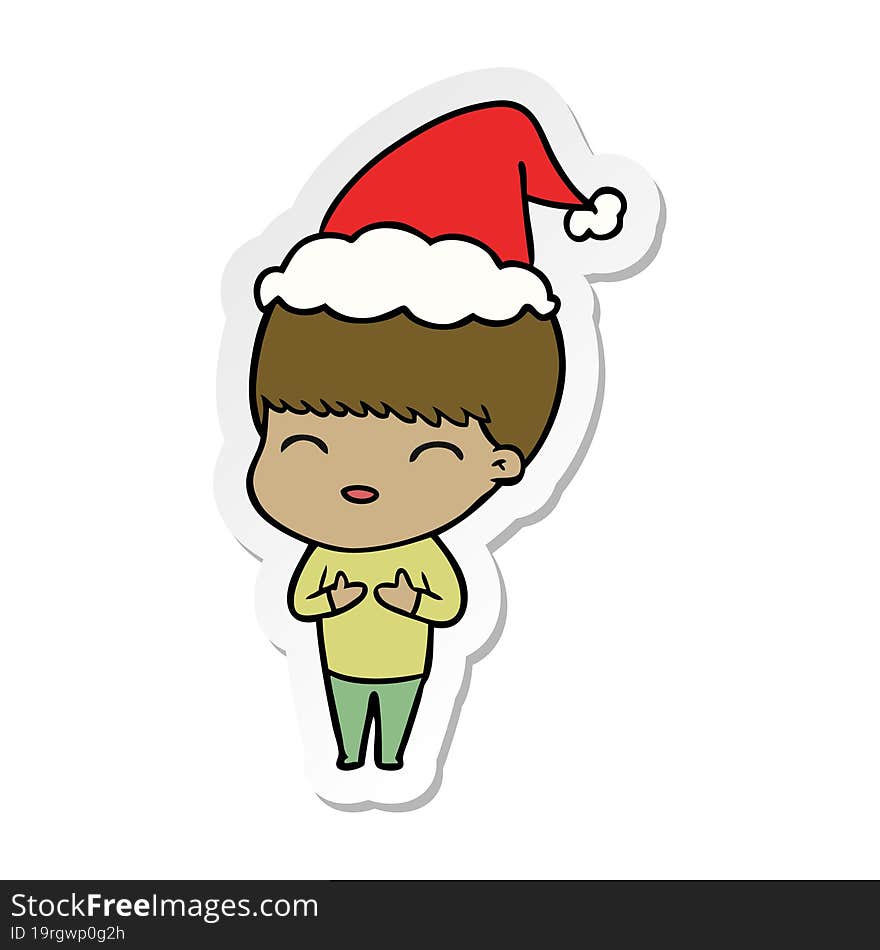 happy hand drawn sticker cartoon of a boy wearing santa hat. happy hand drawn sticker cartoon of a boy wearing santa hat