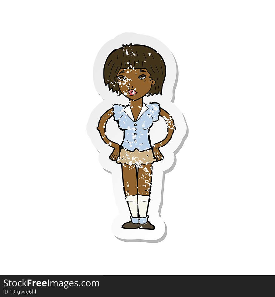 retro distressed sticker of a cartoon woman with hands on hips