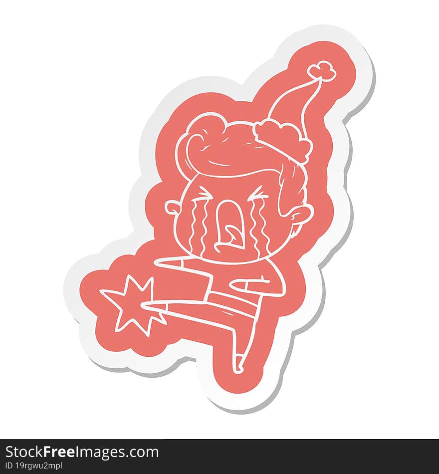 cartoon  sticker of a crying man wearing santa hat