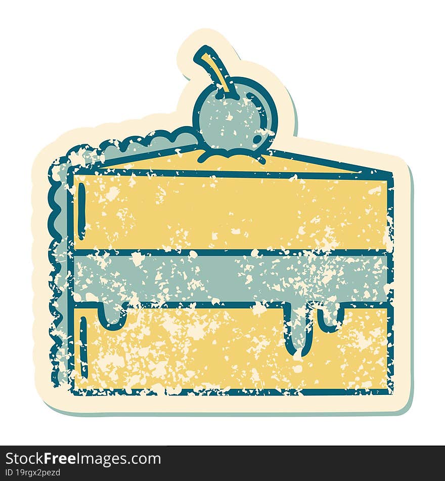 distressed sticker tattoo style icon of a slice of chocolate cake