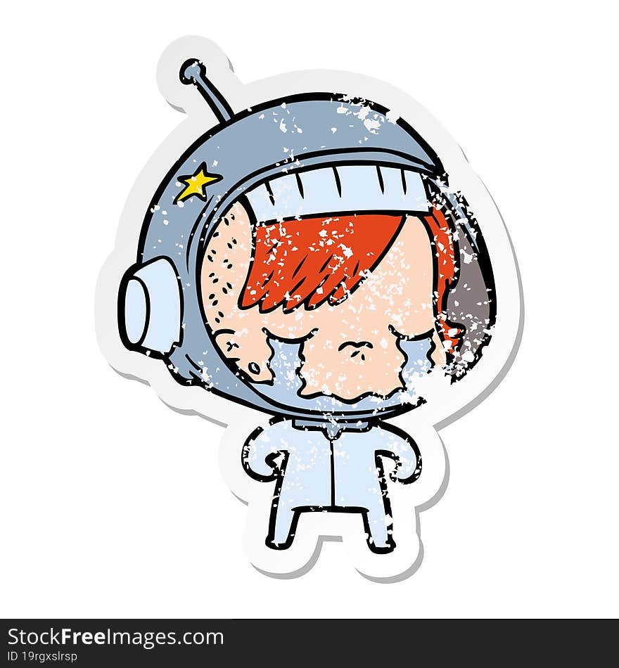 distressed sticker of a cartoon crying astronaut girl