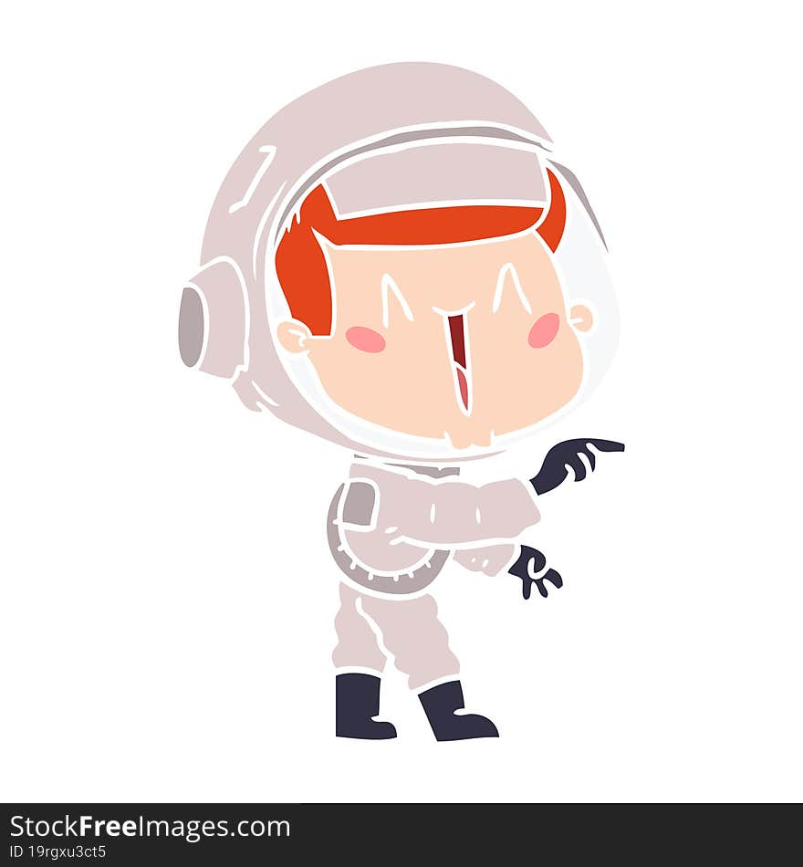 happy flat color style cartoon astronaut pointing