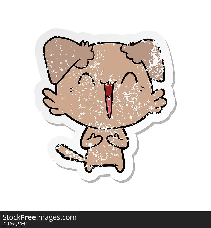 distressed sticker of a happy little cartoon dog laughing