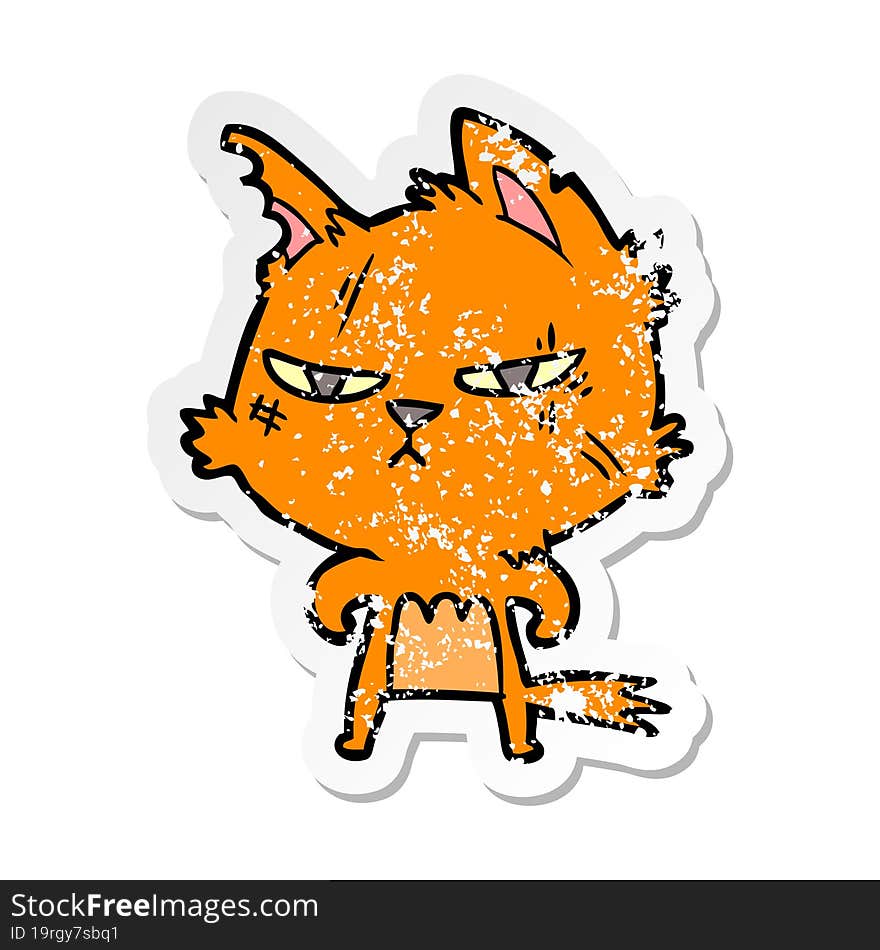 distressed sticker of a tough cartoon cat