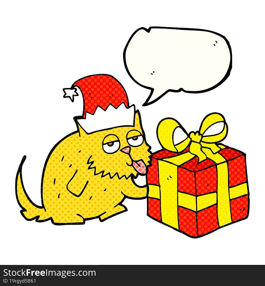 comic book speech bubble cartoon cat with present