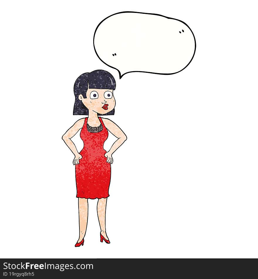 freehand speech bubble textured cartoon woman in dress with hands on hips