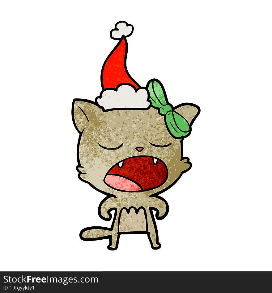 hand drawn textured cartoon of a cat meowing wearing santa hat