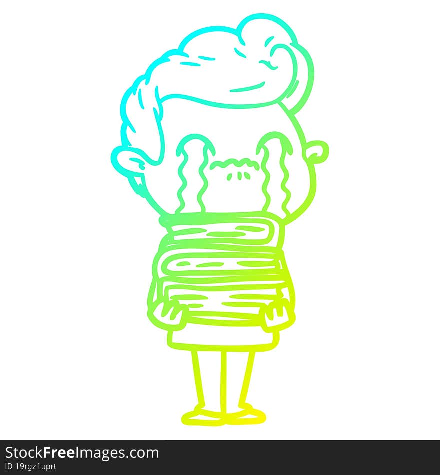 cold gradient line drawing of a cartoon man crying