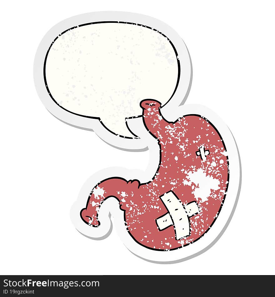 cartoon stomach and speech bubble distressed sticker