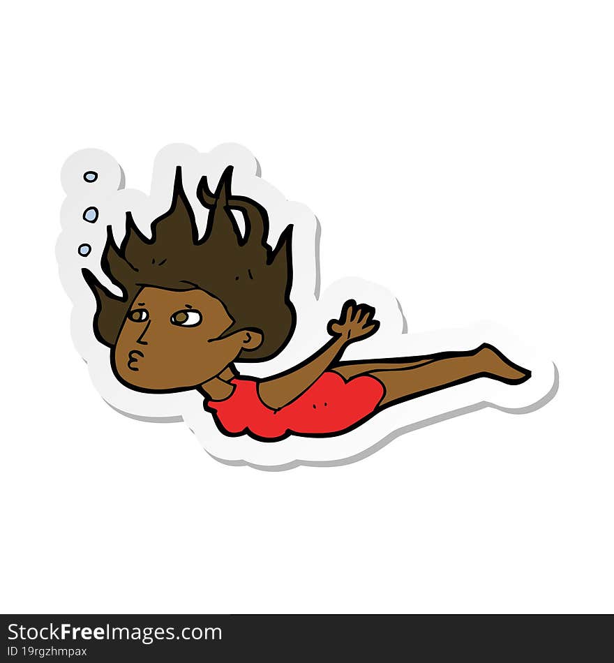 sticker of a cartoon woman swimming underwater