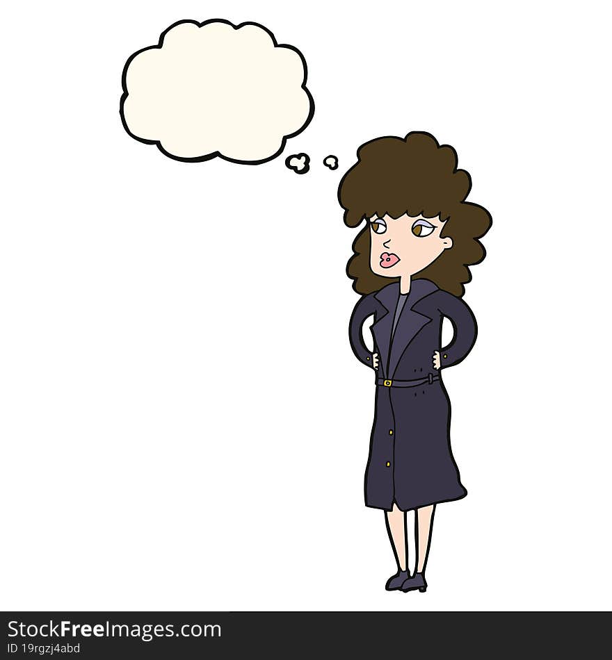 cartoon woman in trench coat with thought bubble