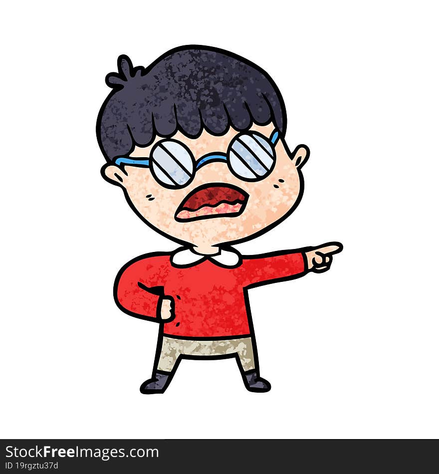 cartoon pointing boy wearing spectacles. cartoon pointing boy wearing spectacles