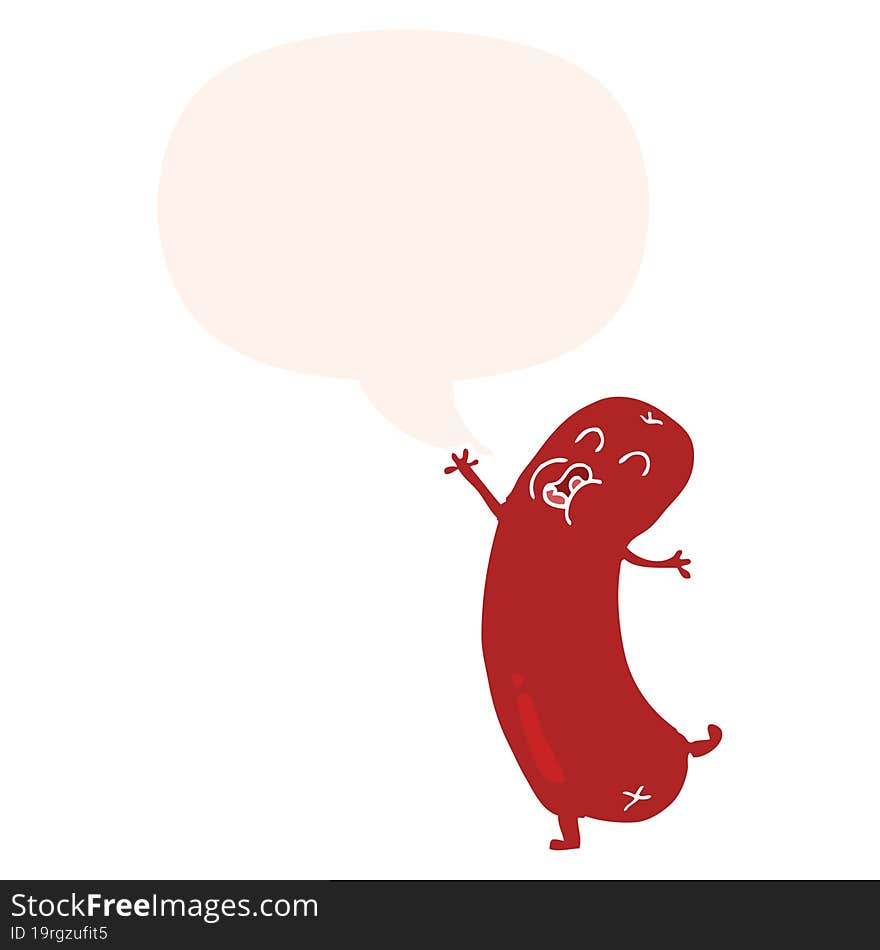 cartoon dancing sausage and speech bubble in retro style