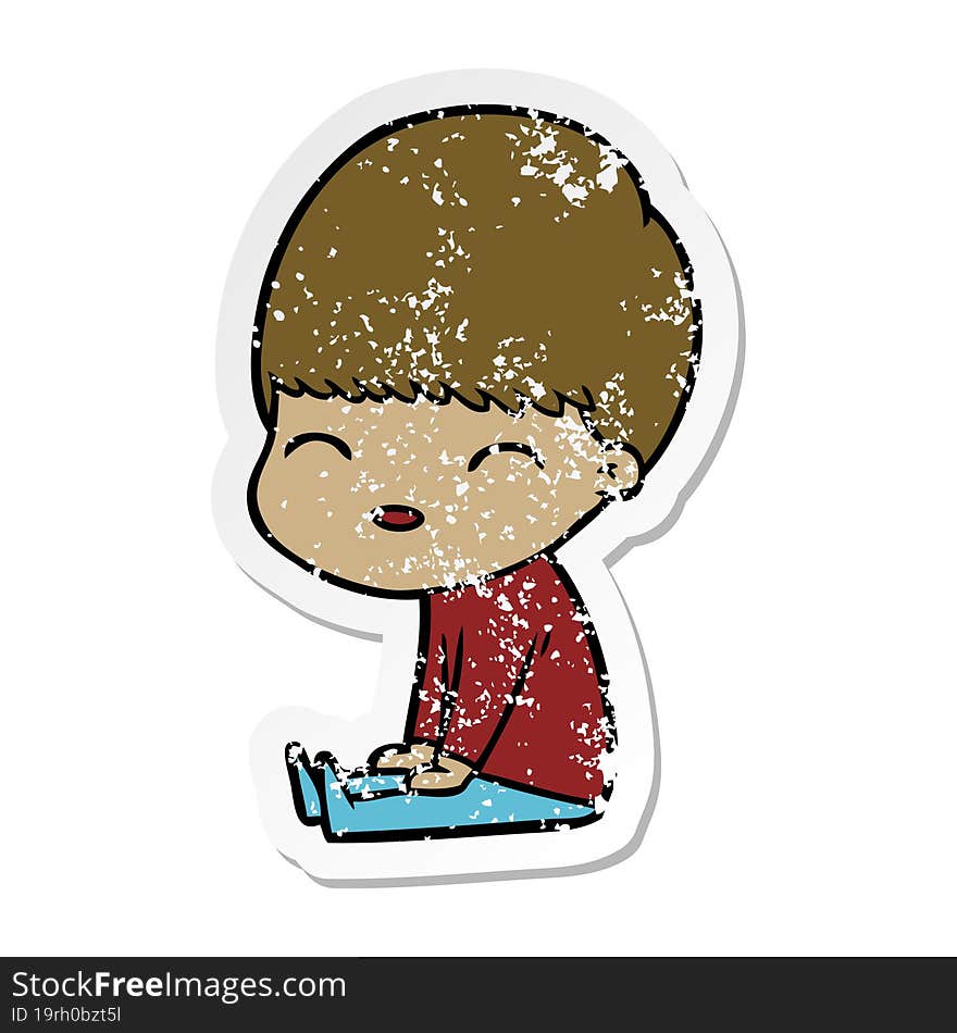 distressed sticker of a happy cartoon boy