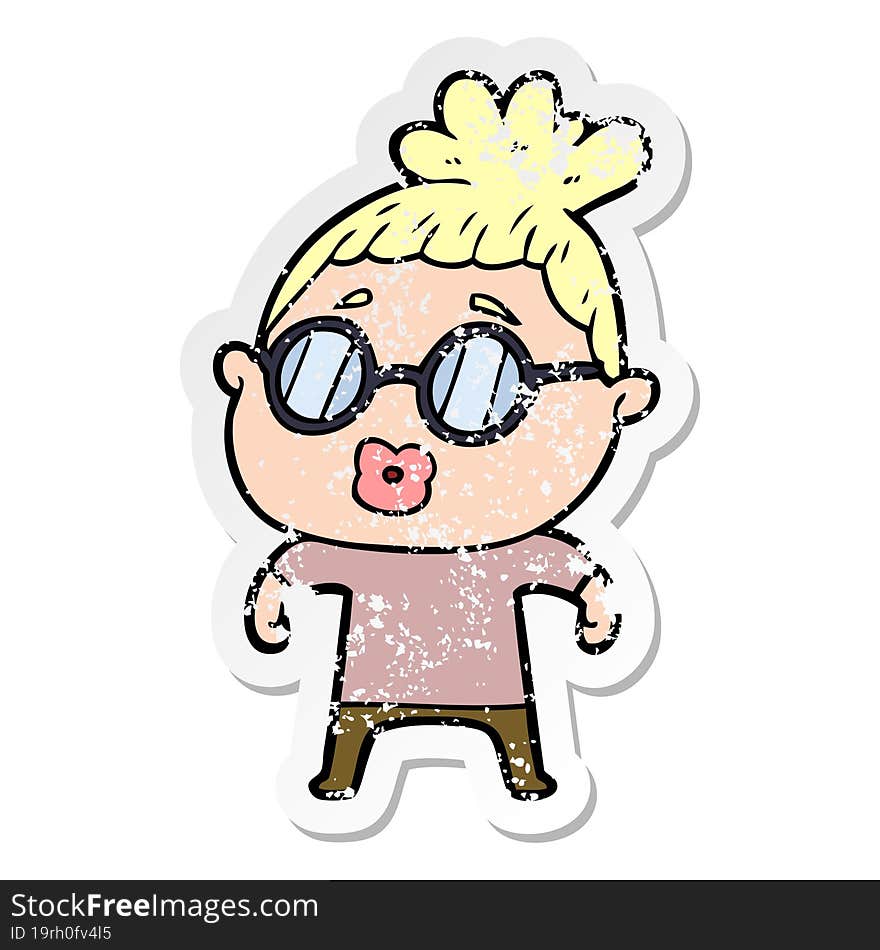 distressed sticker of a cartoon woman wearing spectacles