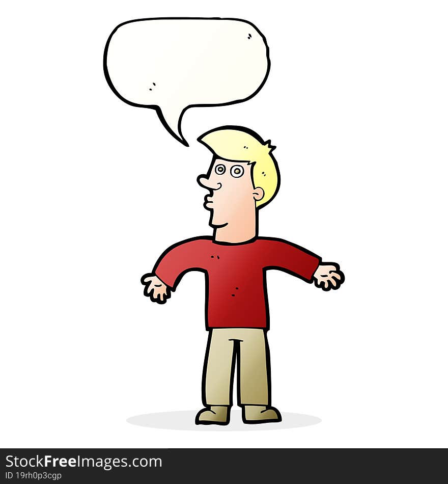 cartoon man shrugging shoulders with speech bubble