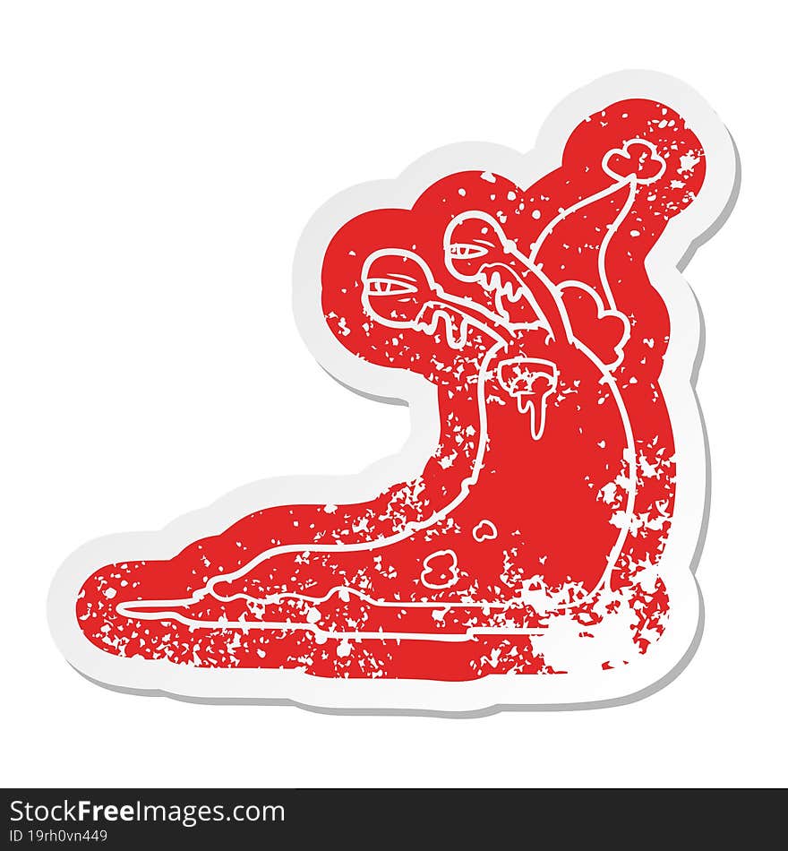 gross cartoon distressed sticker of a slug wearing santa hat