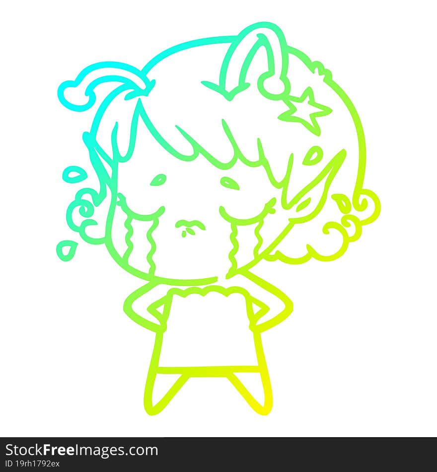 cold gradient line drawing cartoon crying alien girl