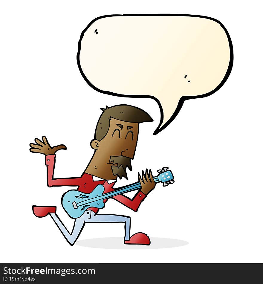 cartoon man playing electric guitar with speech bubble