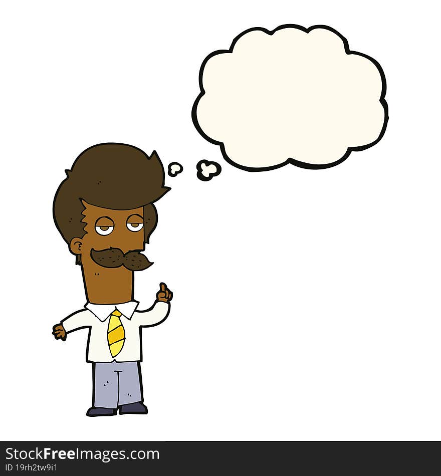 cartoon man with mustache explaining with thought bubble