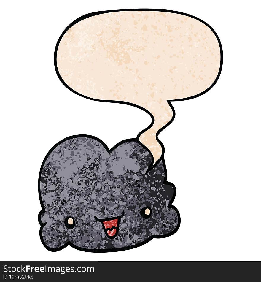 cartoon tiny happy cloud and speech bubble in retro texture style