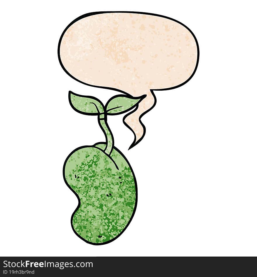 cartoon sprouting seed and speech bubble in retro texture style