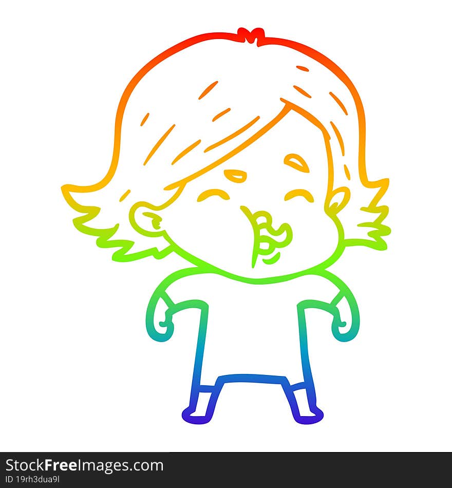 Rainbow Gradient Line Drawing Cartoon Girl Pulling Face