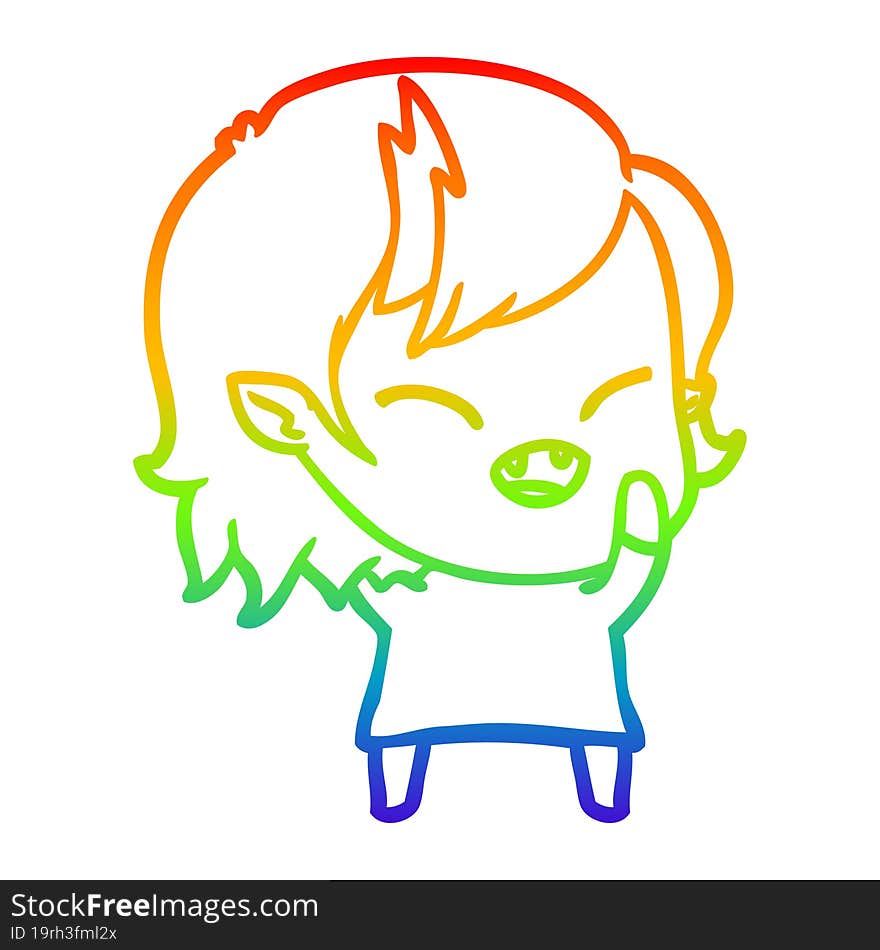 Rainbow Gradient Line Drawing Cartoon Laughing Vampire Girl