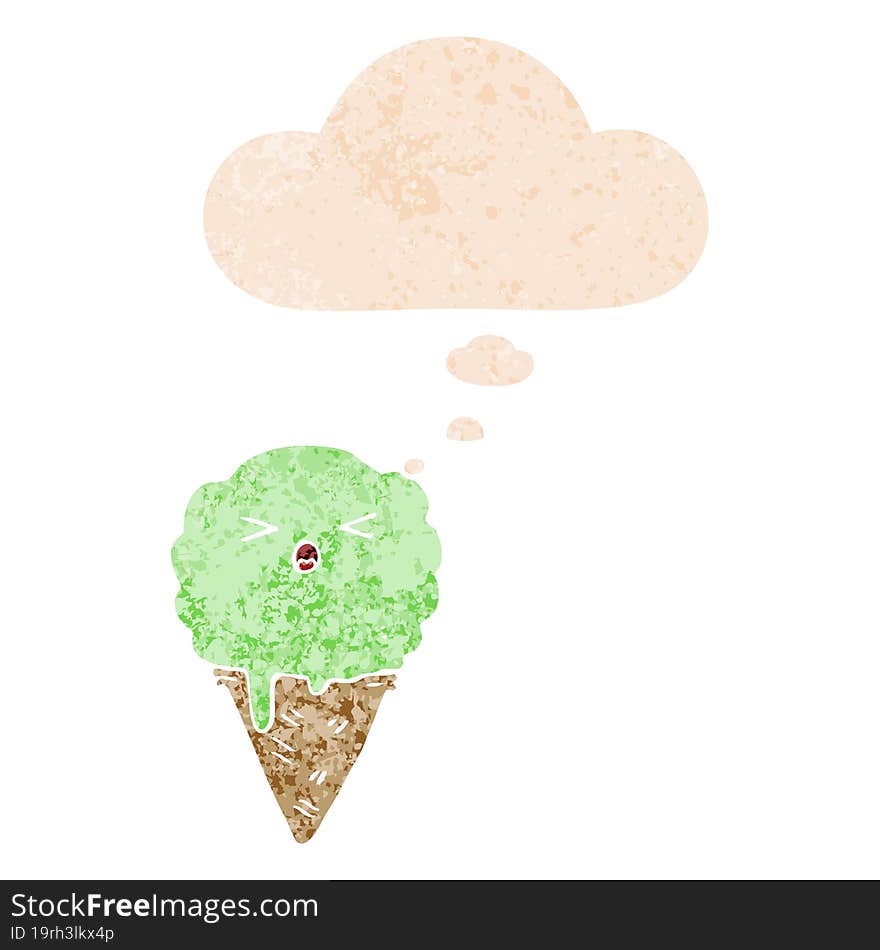 cartoon ice cream and thought bubble in retro textured style