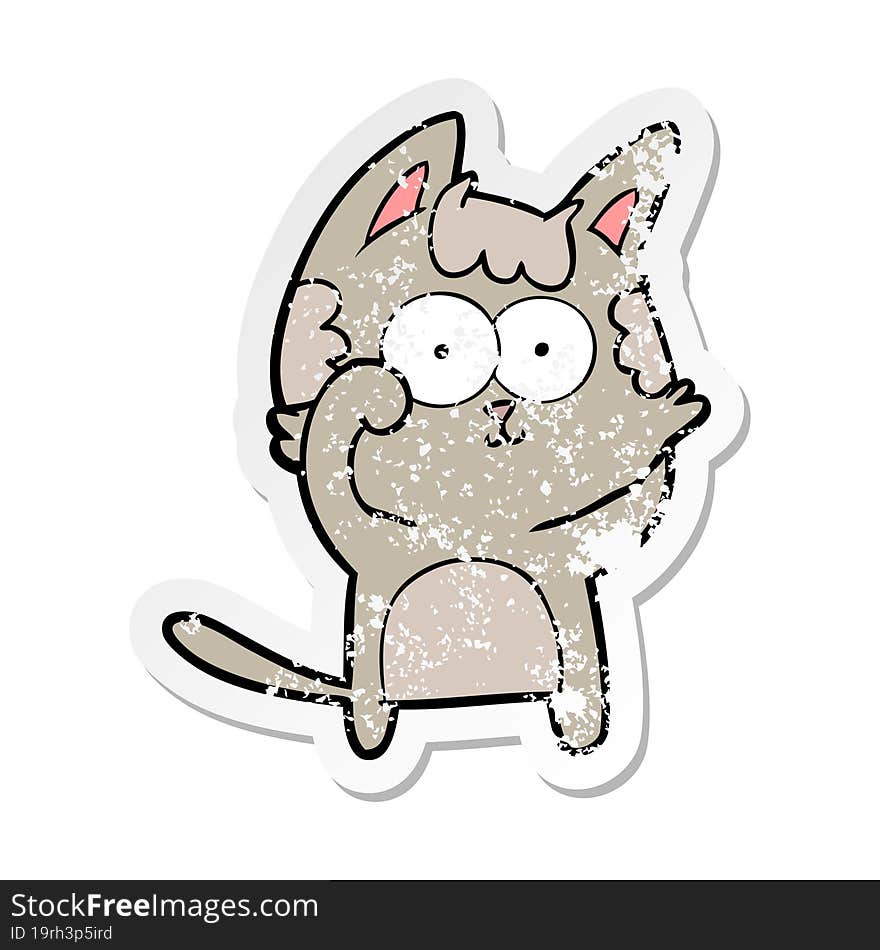 distressed sticker of a happy cartoon cat