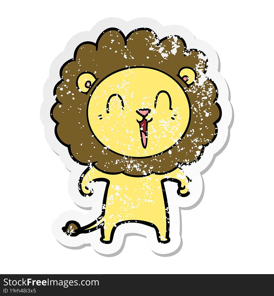 distressed sticker of a laughing lion cartoon