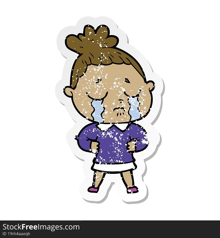 distressed sticker of a cartoon crying woman