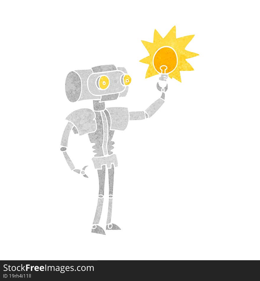 retro cartoon robot with light bulb