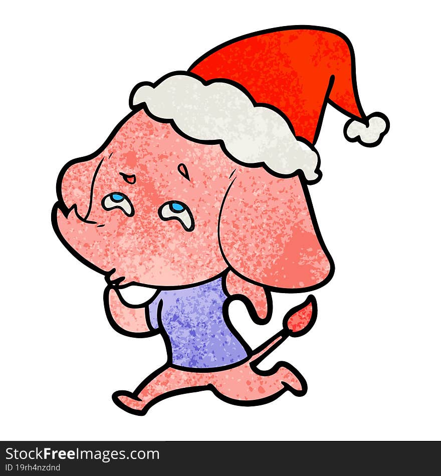 textured cartoon of a elephant remembering wearing santa hat