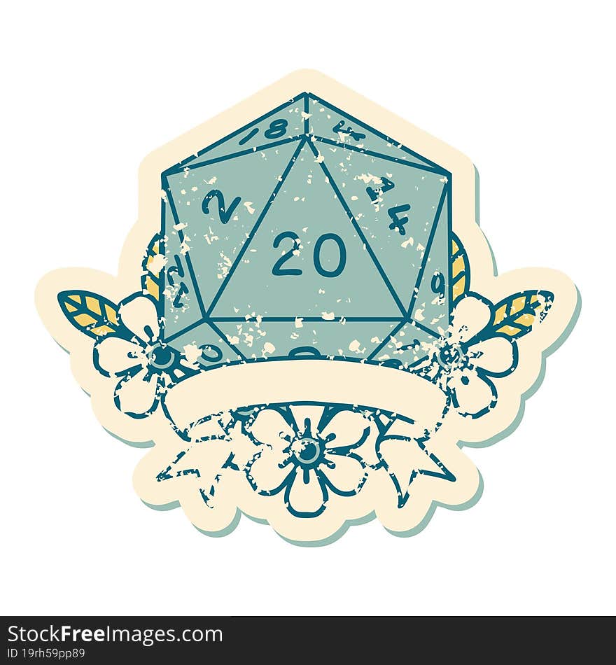 Retro Tattoo Style natural 20 critical hit D20 dice roll. Retro Tattoo Style natural 20 critical hit D20 dice roll